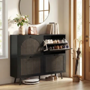 Shoe Storage Cabinet with 4 Flip Drawers, Fluted Panel Wooden Shoe Rack Organizer with Adjustable Shelves for Entryway, Hallway, Living Room, Black